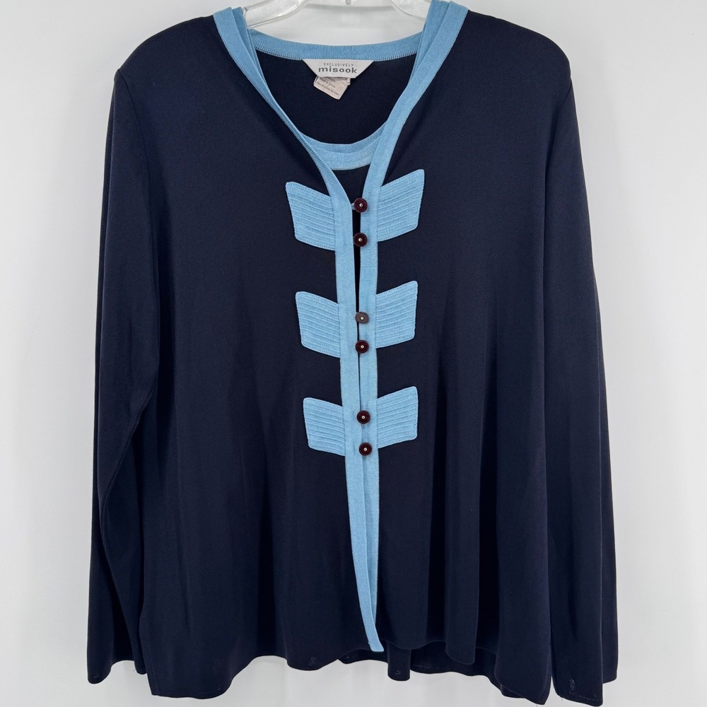 Misook Vintage Cardigan Shell Set Womens XL Navy Blue Knit 2 Piece Button Accent